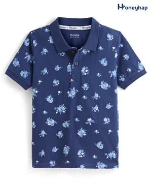 Honeyhap Premium 100% Cotton Single Jersey Polo T-Shirt  With Bio Finish Floral Print - Navy Peony