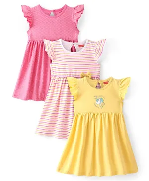 Babyhug 100% Cotton Single Jersey Knit Frill Sleeves Frock Stripes & Polka Dot Print Pack Of 3 - Multicolor