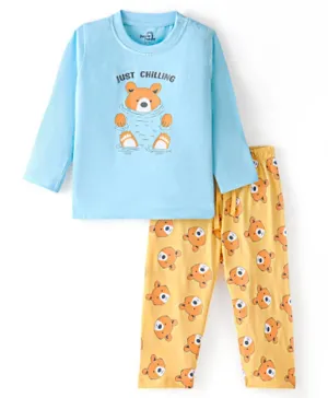 Doodle Poodle 100% Cotton Full Sleeves Teddy Printed Night Suit -Blue & Yellow