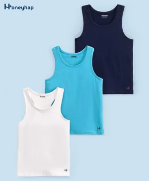 Honeyhap Premium Single Jersey Sleveeless Vests  With Bio Finish Pack Of 3 - Blue Bright White & Navy Peony