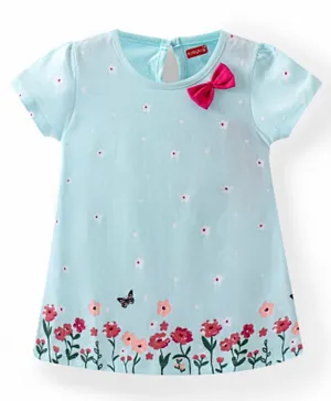 Babyhug Single Jersey Half Sleeves Frock with Bow & Floral Print - Blue