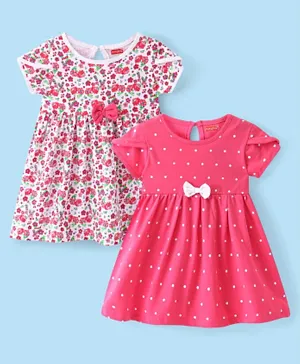 Babyhug Single Jersey Knit Half Sleeves Floral & Polka Dots Printed Frocks Pack of 2 - Pink & White
