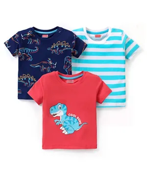 Babyhug Cotton Half Sleeves Striped T-Shirts With Dino Graphics Pack of 3 - Multicolor