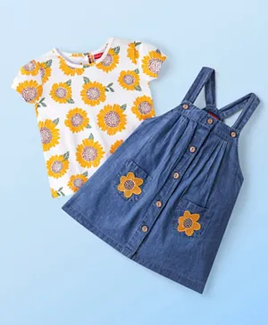 Babyhug Single Jersey knit Half Sleeves T-Shirt & Frock Floral Print - Blue White & Yellow
