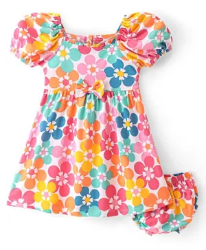 Babyhug 100% Cotton Single Jersey Knit Half Sleeves Frock With Bloomer Floral Print - Multicolor