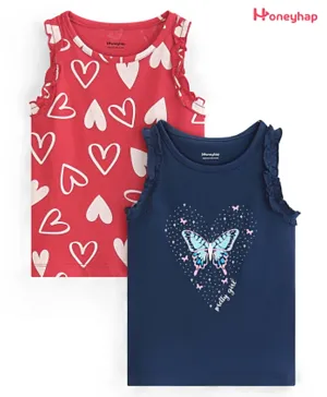 Honeyhap Premium 100% Cotton Single Jersey Sleeveless Heart & Butterfly Printed Top With Bio Finish Pack of 2 - Navy & Red