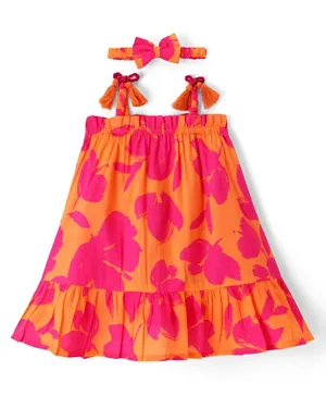 Babyhug Cotton Woven Sleeveless Frock with Headband Floral Print - Orange & Pink