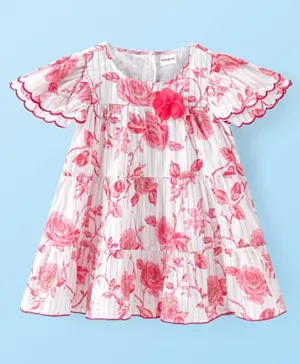Babyhug Cotton Lurex Woven Half Sleeves Frock Floral Print - Pink & White