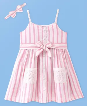 Babyhug Single Jersey Knit Singlet Sleeves Frock Striped With Headband - Pink