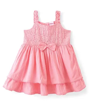 Babyhug 100% Viscose Woven Sleeveless Frock Flower Embroidery with Bow Applique - Pink