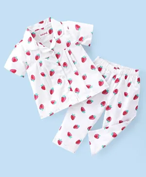 Babyhug Poplin Woven Half Sleeves Night Suit/Co-ord Set Strawberry Print - White