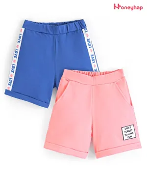 Honeyhap Premium 100% Cotton Looper Shorts With Bio Finish Text Print Pack Of 2 - Lapis Blue & Pale Rosette Pink