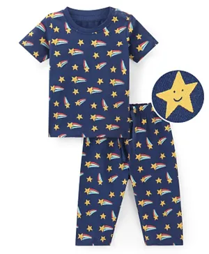 Doodle Poodle 100% Cotton Half Sleeves Night Suit/Co-ord Set With Star Print - Navy Peony