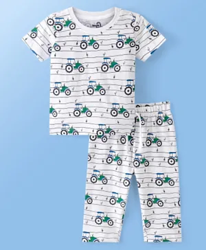 Doodle Poodle 100% Cotton Half Sleeves Night Suit/Co-ord Set With Tractor Print - Bright White