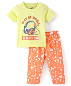 Doodle Poodle 100% Cotton Single Jersey Half Sleeves Night Suit With Text Print - Yellow & Orange