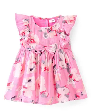 Babyhug Rayon Woven Sleeveless Frock With Bow Applique Floral Print - Pink