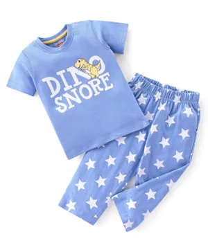 Babyhug Single Jersey  Knit Half Sleeves Night Suit Dino & Star Print - Blue