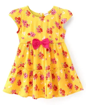 Babyhug Rayon Woven Cap Sleeves Floral Printed Frock with Bow Applique - Yellow
