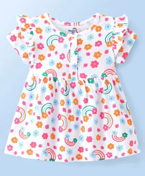 Doodle Poodle 100% Cotton Half Sleeves Floral & Unicorn Printed Frock - Bright White