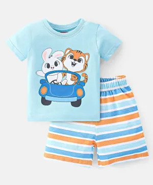 Babyhug Single Jersey Knit Half Sleeves Short Set Striped Bunny & Tiger Print - Blue