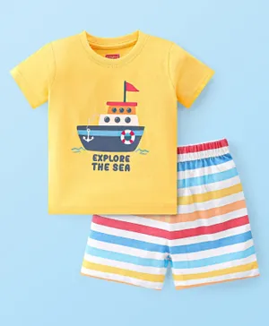 Babyhug Single Jersey Knit Half Sleeves Short Set Striped & Boat Print - Yellow