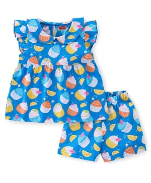 Babyhug Cotton Knit Terry Half Sleeves Night Suit/Co-ord Set With Ice Cream Print - Blue