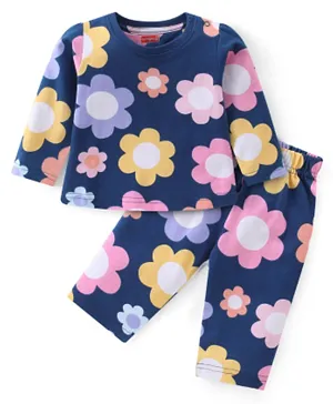 Babyhug Cotton Knit Full Sleeves Night Suit Floral Print - Navy Blue