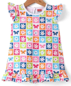 Babyhug Cotton Knit Half Sleeves Nighty Floral Print - Multicolour