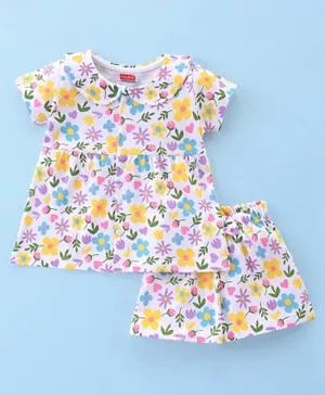 Babyhug Cotton Knit Terry Short Sleeves Night Suit With Floral Print - Multicolor