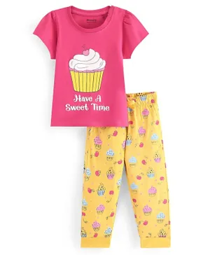 Honeyhap Premium 100% Cotton Jersey Half Sleeves Muffin Printed Night Suit with Bio Finish- Fandango Pink & Goldinch Yellow