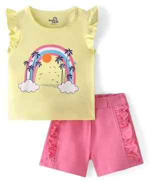 Doodle Poodle 100% Cotton Frill Sleeve T-Shirt & Shorts With Tropical Print - Elfin Yellow & Pink Lemonade