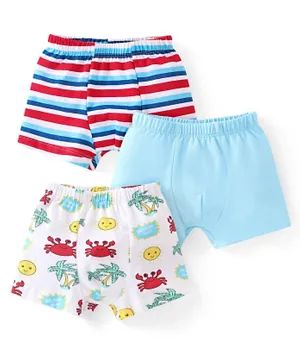 Babyhug 100% Cotton Mid Thigh Length Trunks With Striped & Crab Print Pack Of 3 - Red White & Blue