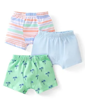 Babyhug 100% Cotton Knit Trunk Stripes & Palm Tree Print Pack of 3 - Blue Green & Peach