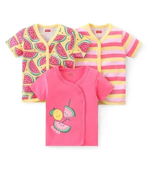 Babyhug 100% Cotton Kint Half Sleeves Front Open Striped Vests Pack of 3 - Yellow & Pink