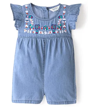 Bonfino 100% Cotton Frill Sleeves Denim Romper with Floral Embroidery- Blue