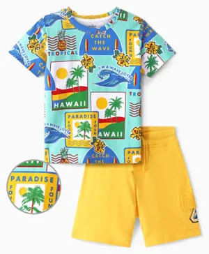 Ollington St. 100% Cotton Knit Half Sleeves T-Shirt & Shorts Set with Tropical Theme Print - Multicolor