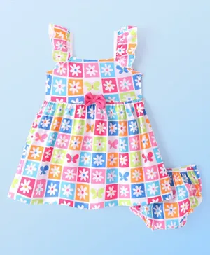 Babyhug Single Jersey Knit Frill Sleeves Bow Detailed Frock with Bloomer Floral Print - Multi Color