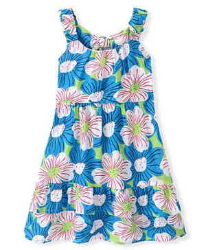 Pine Kids 100% Cotton Knit Sleevless Frock with Floral Print - Blue & Green