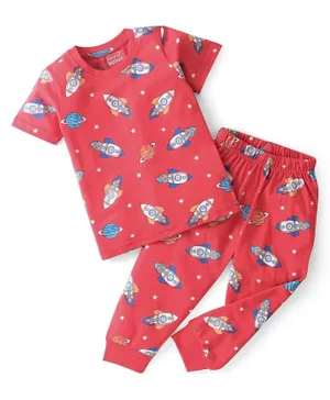 Babyhug Cotton Knit Single Jersey Half Sleeves Night Suit/Co-ord Set With Rocket Print - Dark Pink