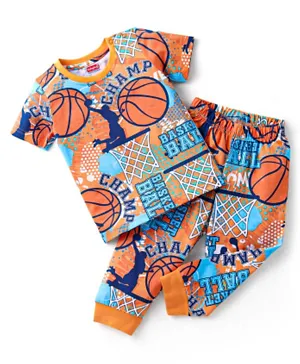 Babyhug Single Jersey Knit Half Sleeves Night Suit/Co-ord Set Basketball Print - Orange & Blue