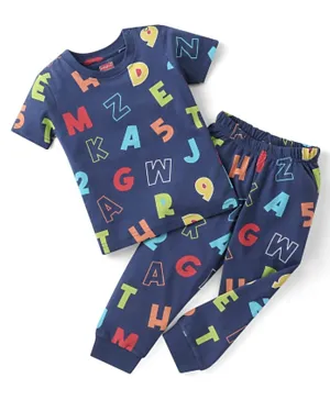 Babyhug Cotton Knit Half Sleeves Night Suit/Co-ord Set with Alphabet & Number Print - Navy Blue