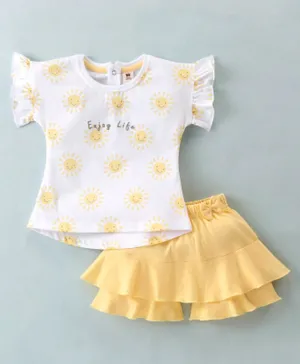 ToffyHouse 100% Knitted Cotton Half Sleeves Top & Skirt Set Sunshine Print - Lemon Yellow