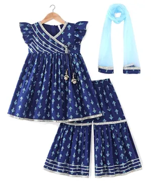 Babyhug 100% Cotton Woven Short Sleeves With Foil Print Kurti Sharara & Dupatta- Blue