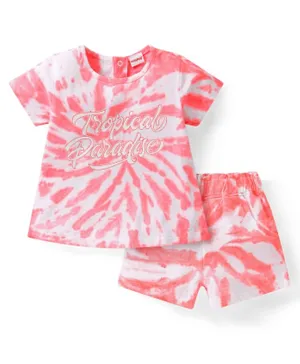 Babyhug Single Jersey Knit Half Sleeves Tie & Dye T-Shirt & Shorts/Co-ord Set Text Print - Pink & White