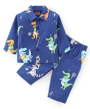 Babyhug Single Jersey Cotton Knit Full Sleeves Night Suit Dino Print - Blue