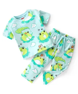 Babyhug Cotton Knit Single Jersey Half Sleeves Night Suit/Co-ord Set With Frog Print - Green & Blue