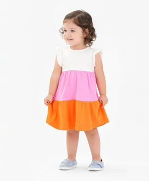 Bonfino 100% Cotton Sleeveless Solid Color Cut and Sew Design Frock with Bloomer - Pink White & Orange