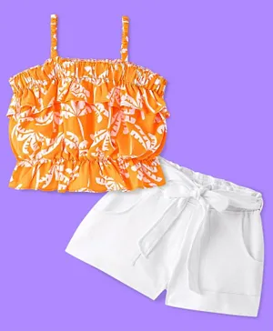 Ollington St. 100% Cotton Sleeveless Leaf Printed Top & Shorts Set - Orange & White