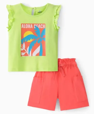Ollington St. 100% Cotton Flutter Sleeves Top & Shorts With Beach Print - Green & Coral