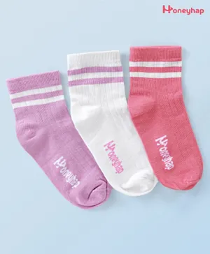 Honeyhap Premium Cotton Bamboo Ankle Length Socks With Bio Finish Text Design & Stripe Pack Of 3 - Plumeria Pink Bright White & Orchid Bouquet